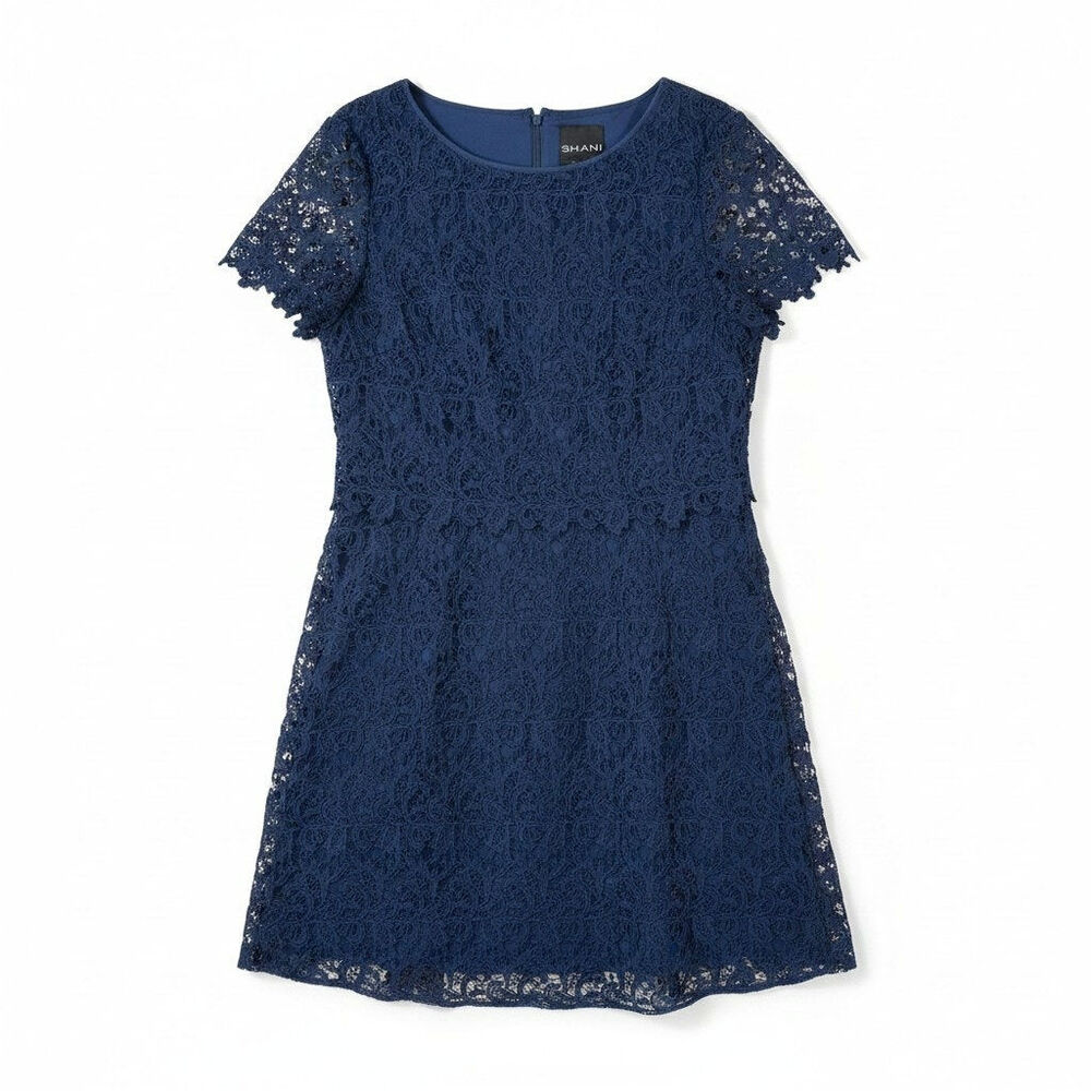 Shani New Womens Lace Fit and Flare Dress Short Sleeve Navy Blue Size 16 Classic